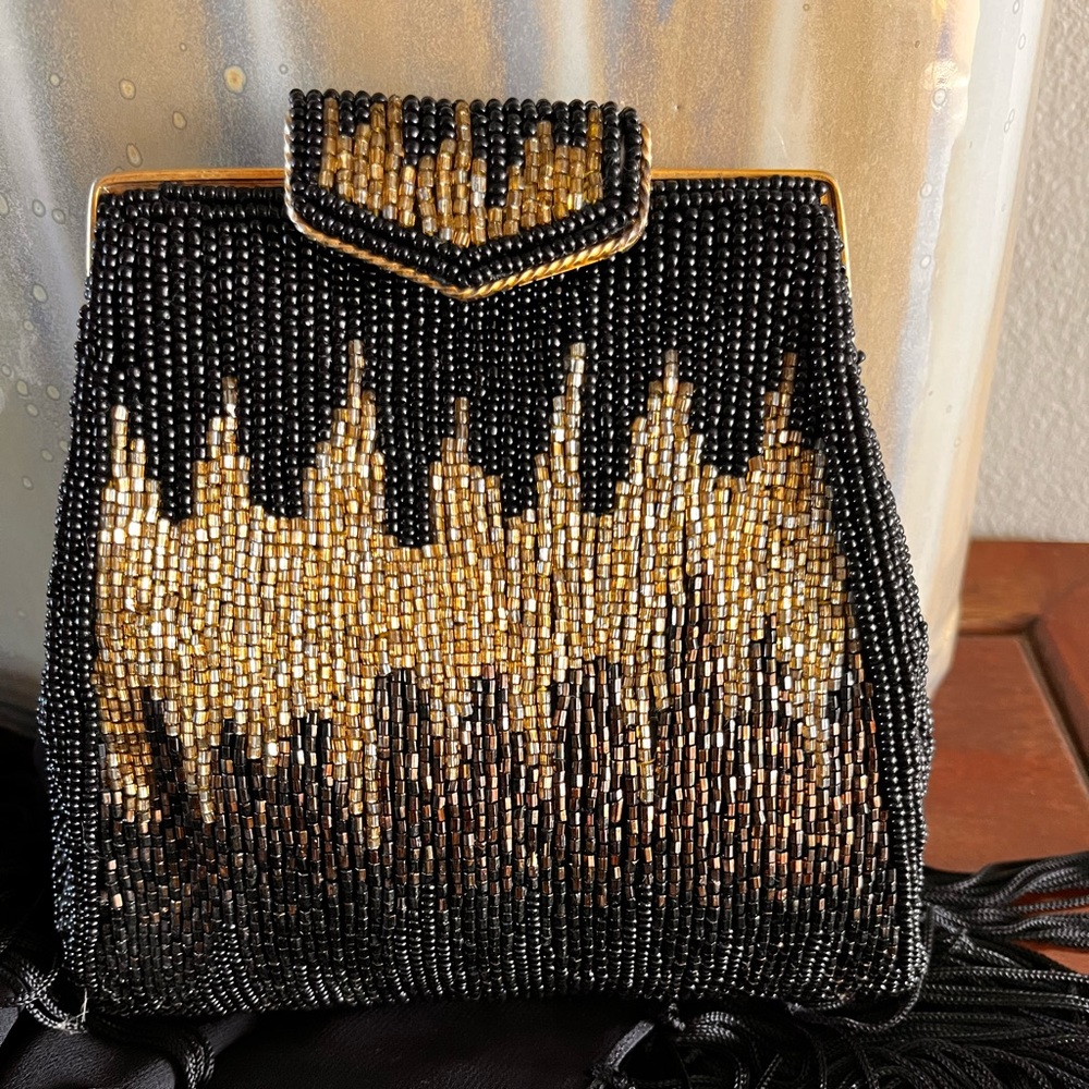 Inge Christopher beaded black and gold evening bag